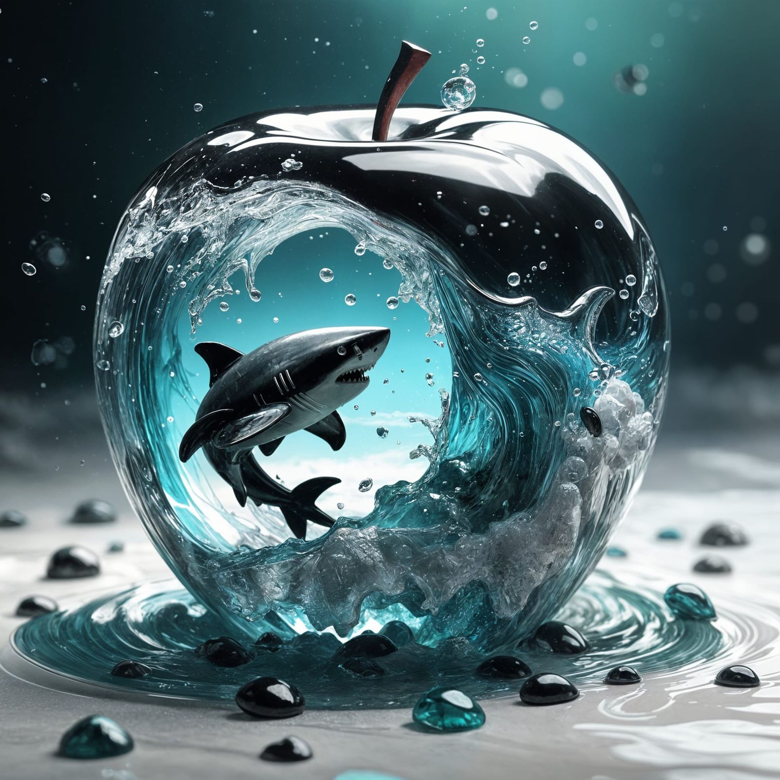 Hyperdetailed glass   Apple of crystal  molten Aquamarine and Emerald with a shark inside   by @Inspirationer