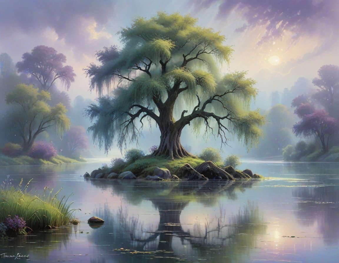 Ethereal Willow Tree by Melancholic Lake in Thomas Kinkade S...