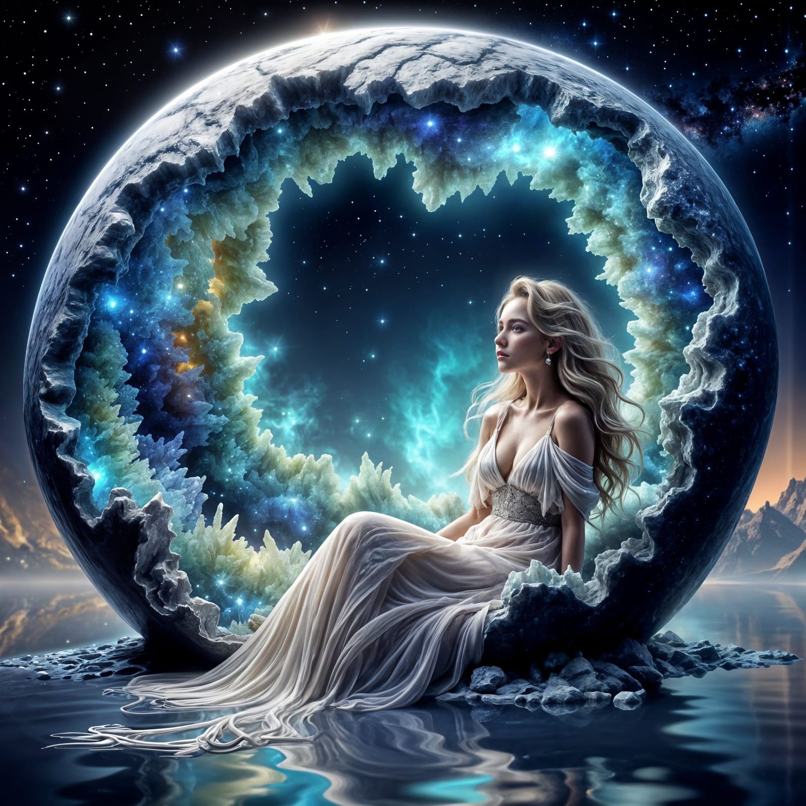 Cosmic Goddess Emerges from Geode Planet in Vibrant Colors