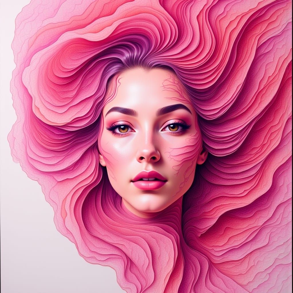 <lora:FS Portrait Artsy:1.0> Transformation in pink

(subject: (portrait of her face, in contours and in lines, the map her visage makes, th...