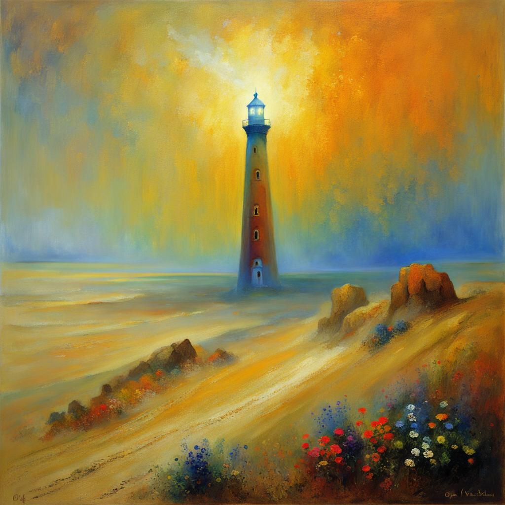 MISTY DESERT MIRAGE, illuminated lighthouse, light dust, fan...