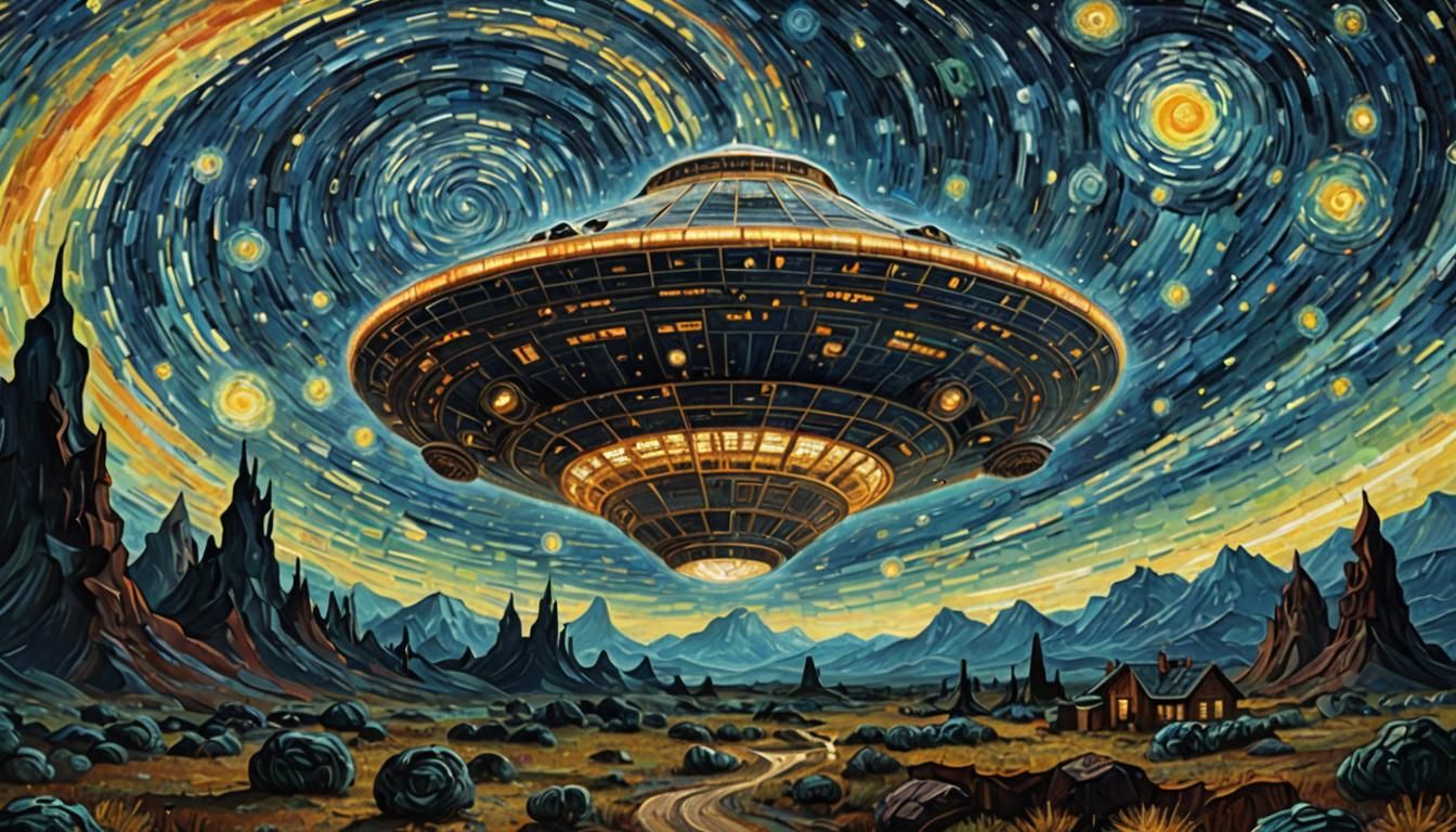 A 3D rendering of an alien spacecraft traveling through spac...