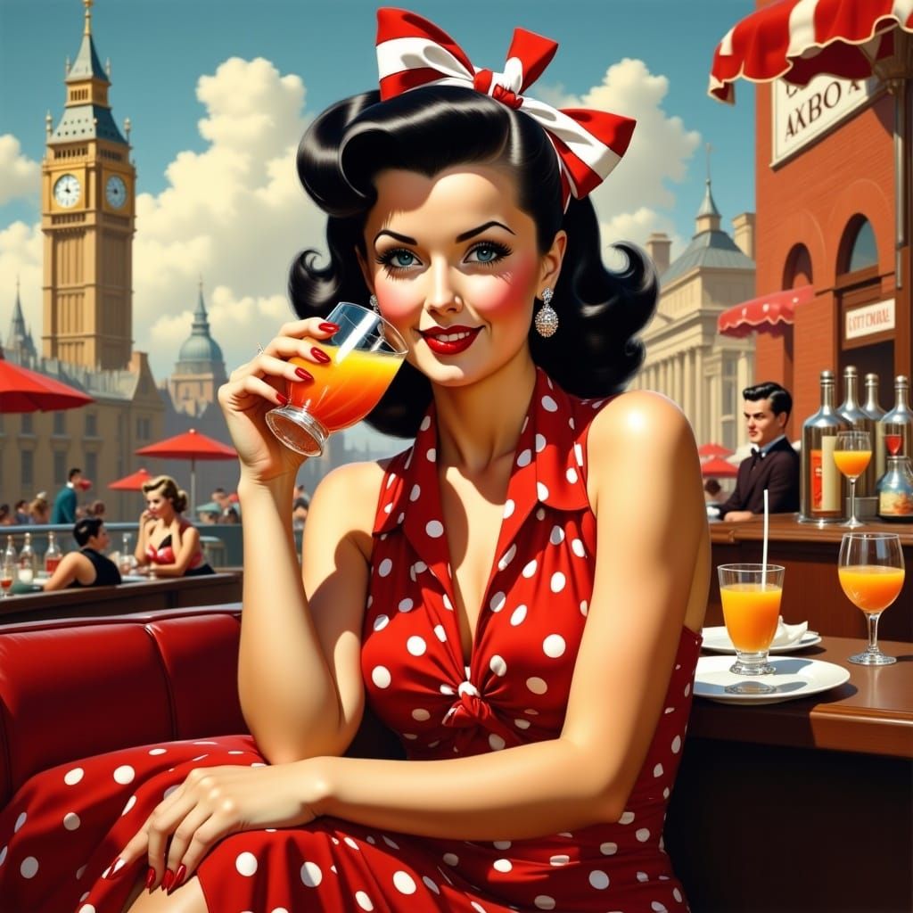 <lora:PinupFlux:1.0> Full body portrait, pretty woman in pin up style, retro, vintage,50s, red dress with pattern dots, black hair, drinking...