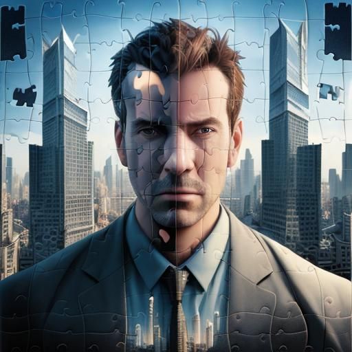 3D puzzle background cityscape depicting a man. Double expos...