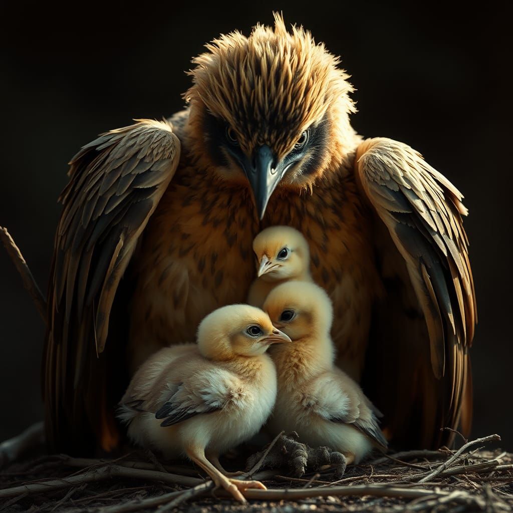 A bird sheltering its young under its wings, symbolizing God...
