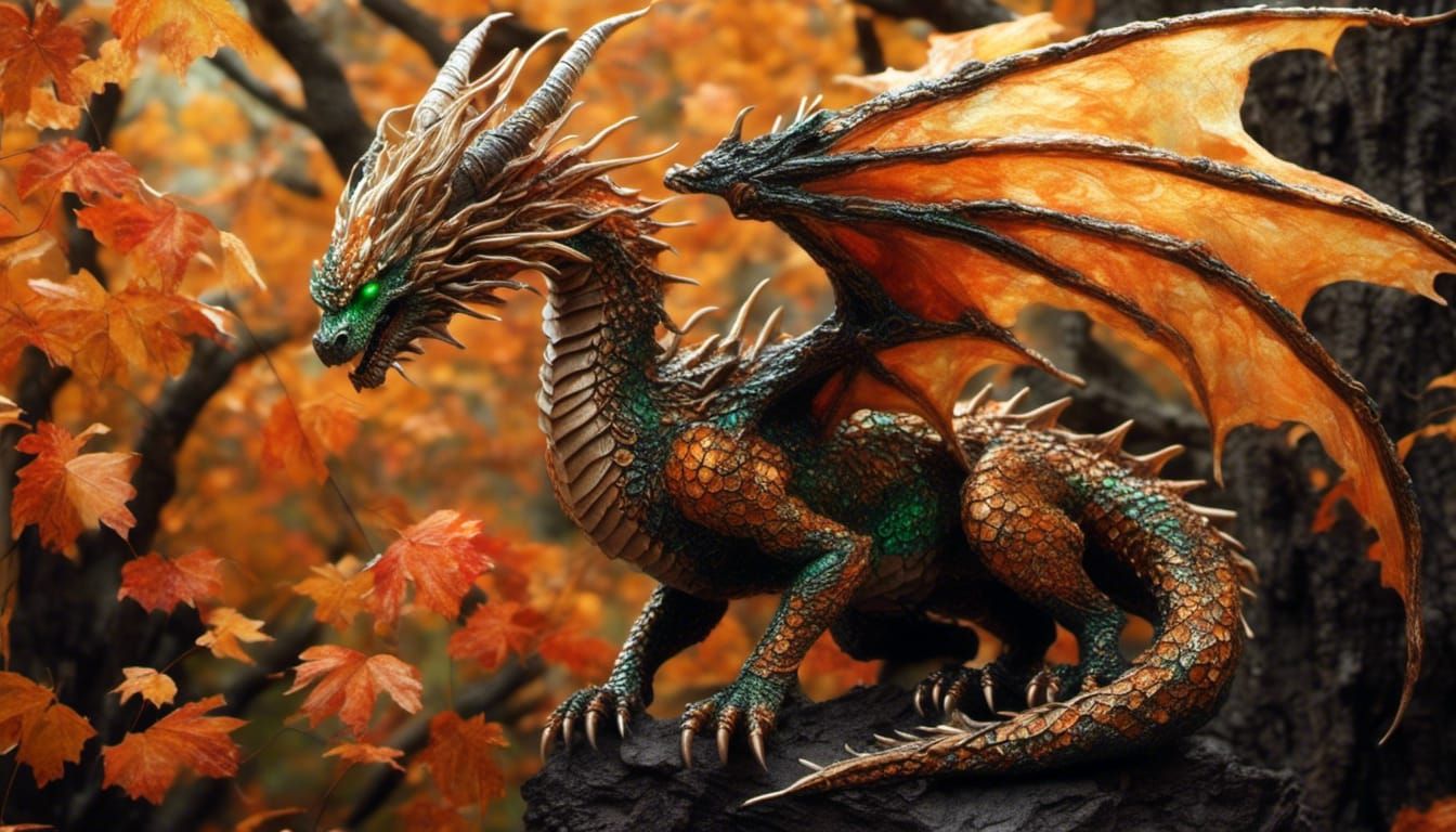 <lora:Real Dragon Hatchlin:1.0> <lora:Sun0fKor:1.0> dragon of autumn. Orange, gold and black scales. Intricate gossamer wings. Long coiling...