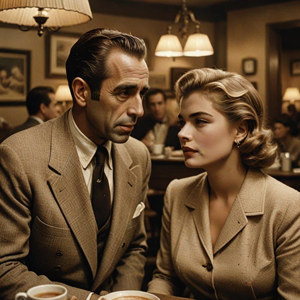 Retro cinematic film still. Grainy. Medium shot. Humphrey Bogart and Ingrid Bergman in a cafe. Close up. Soft focus on B...