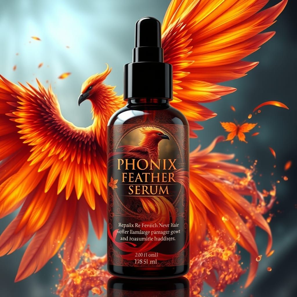 Create a bottle of "Phoenix Feather Serum", promising to revitalize the hair with the power of rebirth. ...  by @JennaM