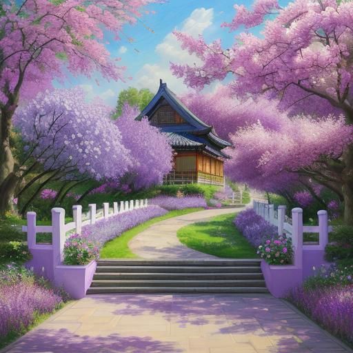 Chinese Garden with Lilacs in Impressionist Oil Painting