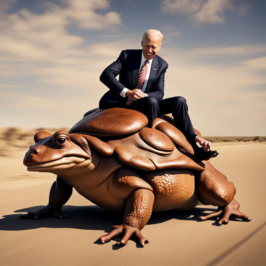 Joe Biden, and Barack Obama riding 2 giant toads