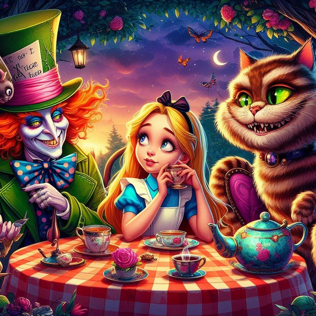 Alice, Cheshire Cat, and Mad Hatter Have Tea