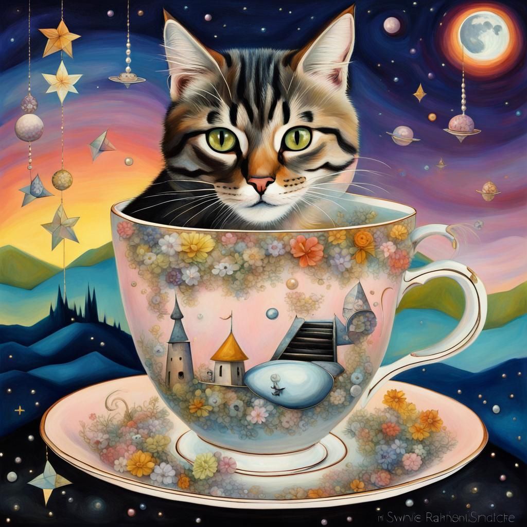 Surreal Cat in Teacup with Castle, Salvador Dali Style