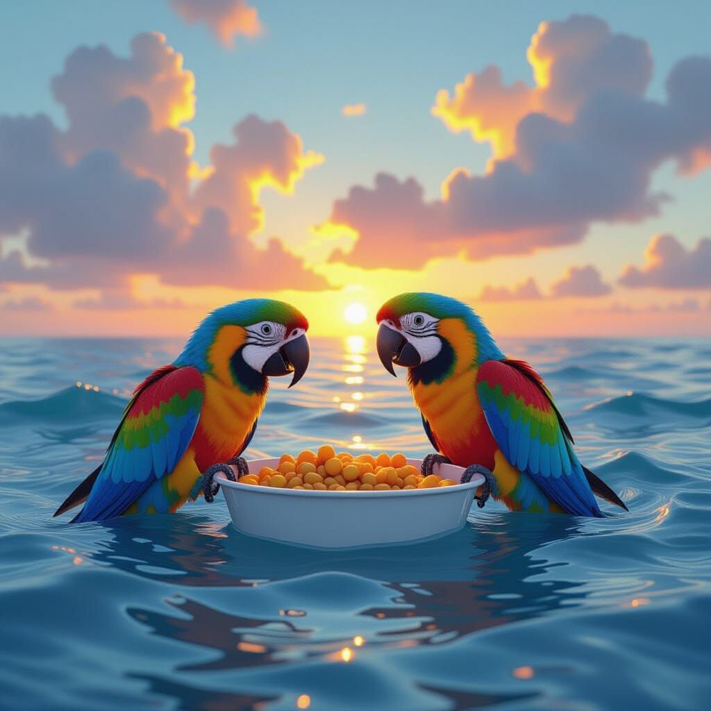 Parrots Feast in Atlantic Ocean: Digital Art