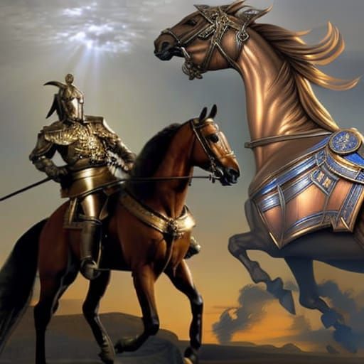 Cavaliere a cavallo, con elmo e armatura splentende. Immagin...