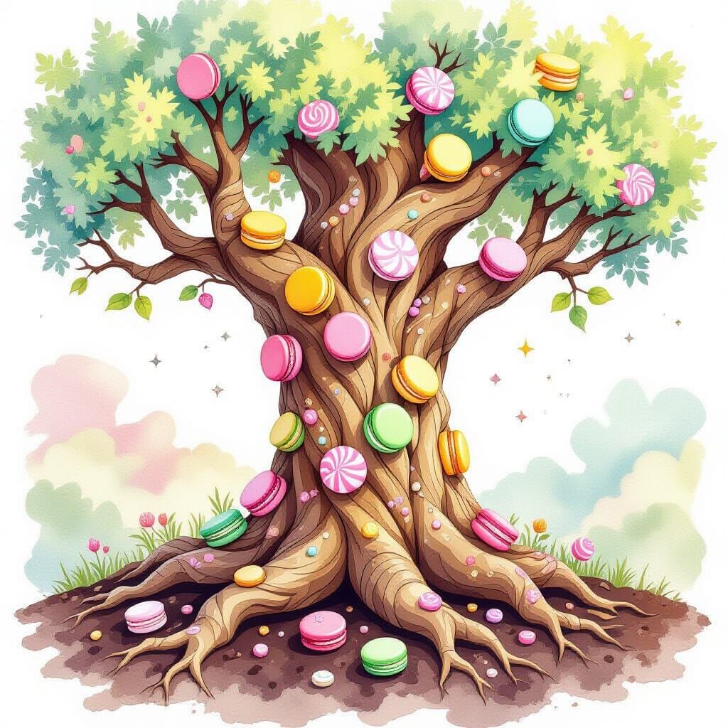 An ancient, gnarled tree whose bark is intricately carved with patterns resembling sweet macarons and candy swirls. Its leaves are delicate,...