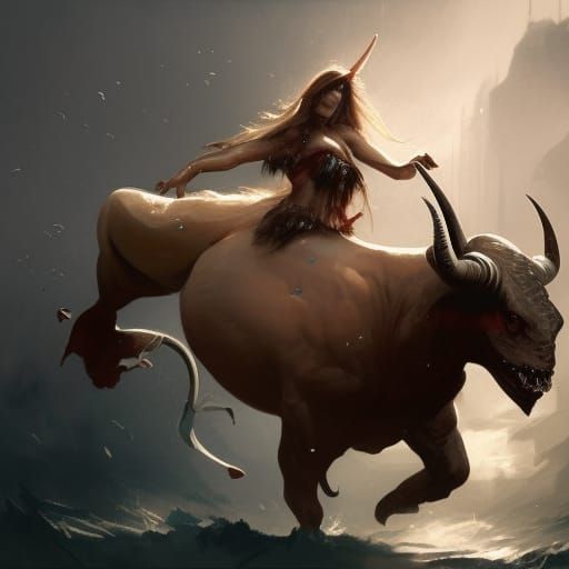 A mermaid riding a bull