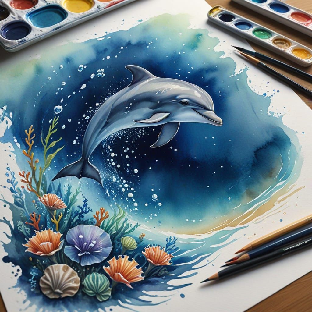 5 lakes Dolphin, in the ocean, at midnight, under the sea, Watercolor, illustration  by @Razzmama 