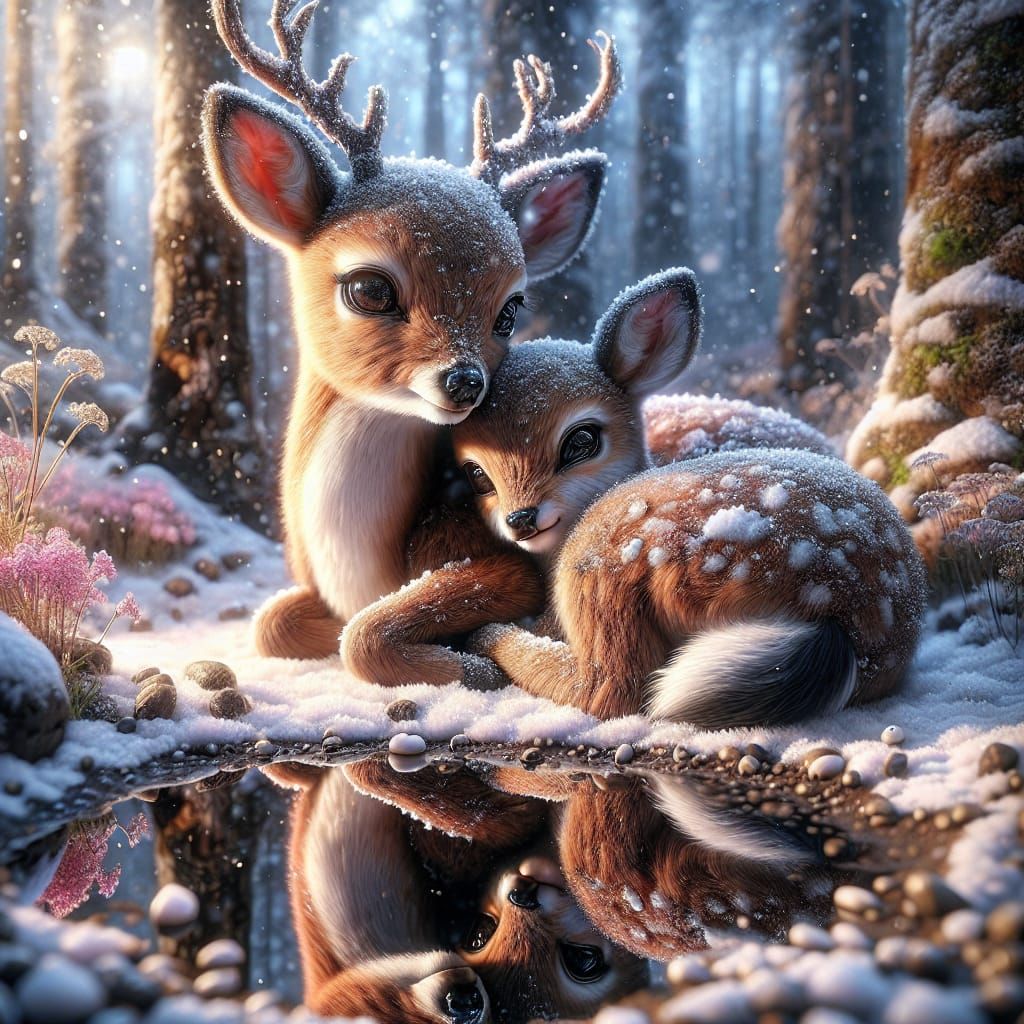 Deer Cuddling by a Puddle  by @Rosie