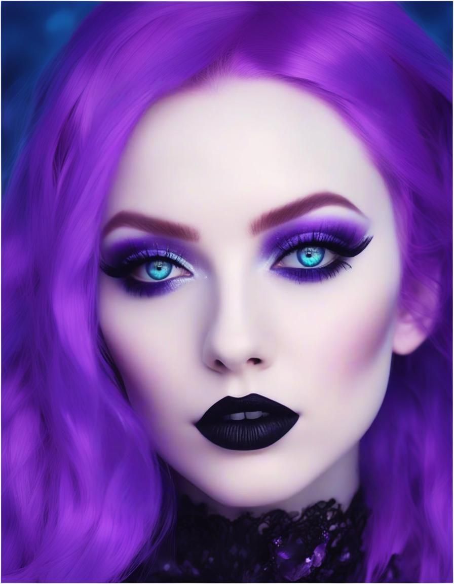 Realistic portrait of a beautiful gothic young lady with vibrant purple ...