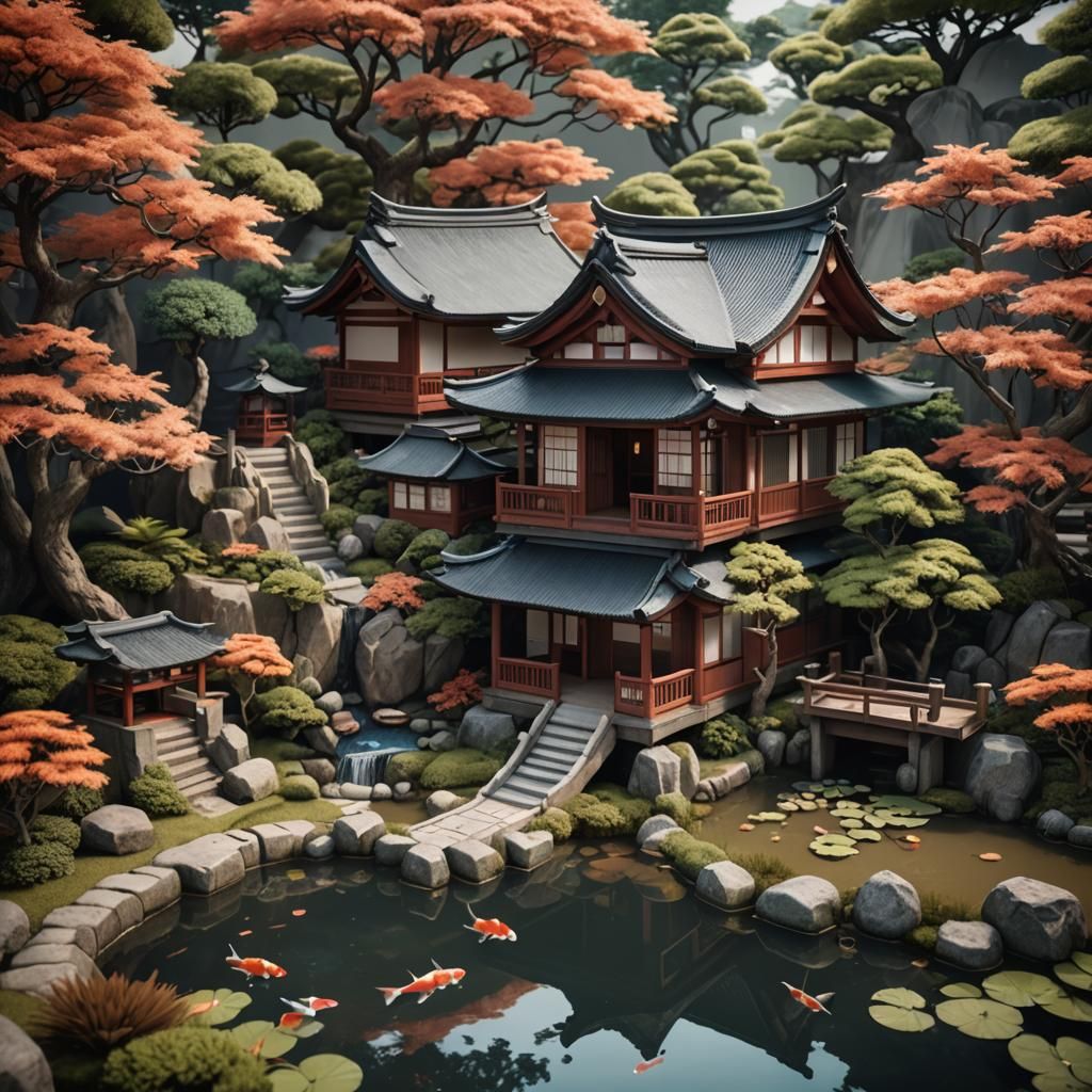 A miniature maket of a tradicional japanese house with a big guarden and a koi pond