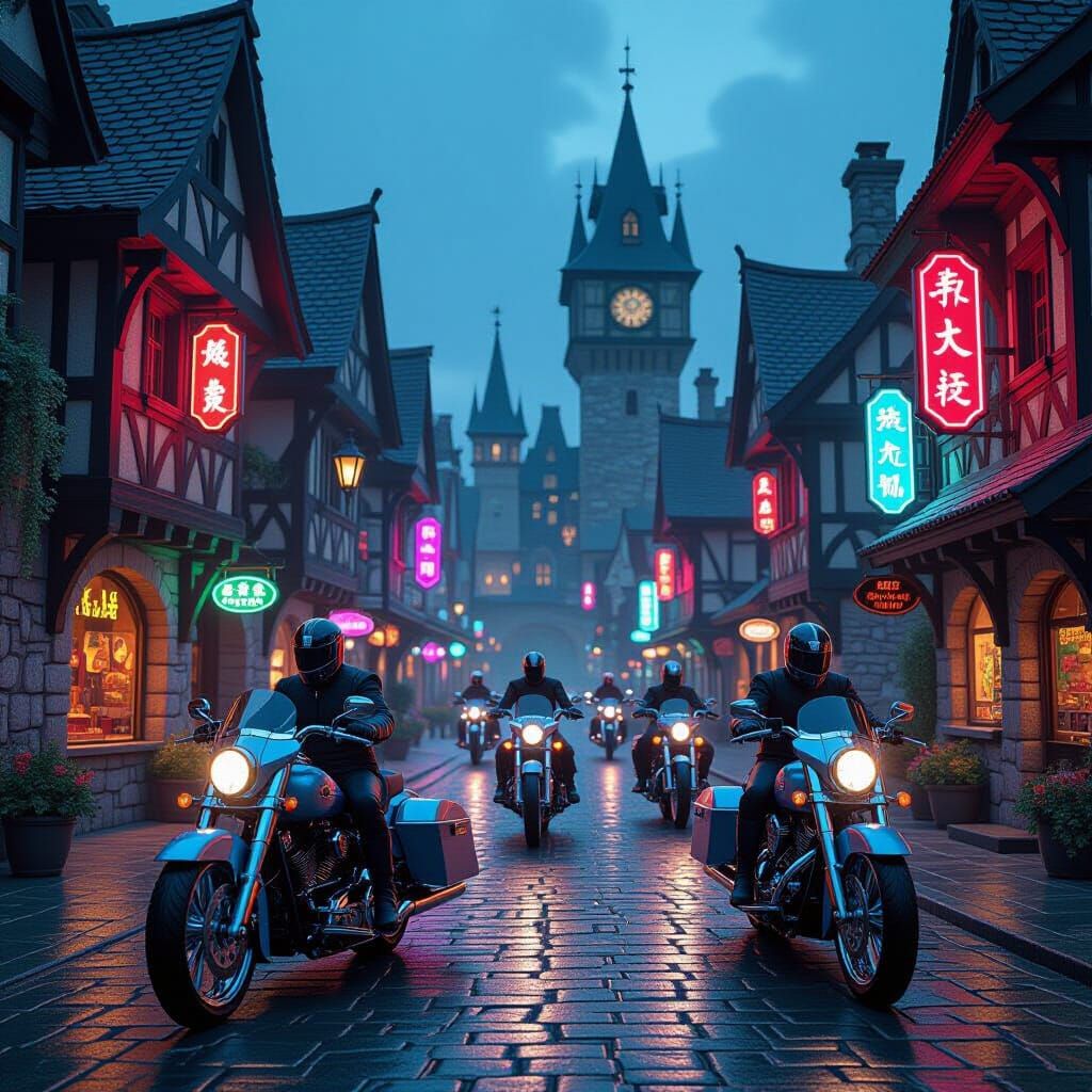 Photograph. A full shot of a medieval village square, but instead of horses, the villagers ride sleek, chrome motorcycles. The buildings are...