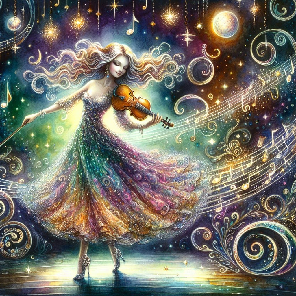 Whimsical woman in a shimmering evening gown, surrounded by swirling musical notes and vibrant stars, dancing with a sparkling violin.  by @Phantazia