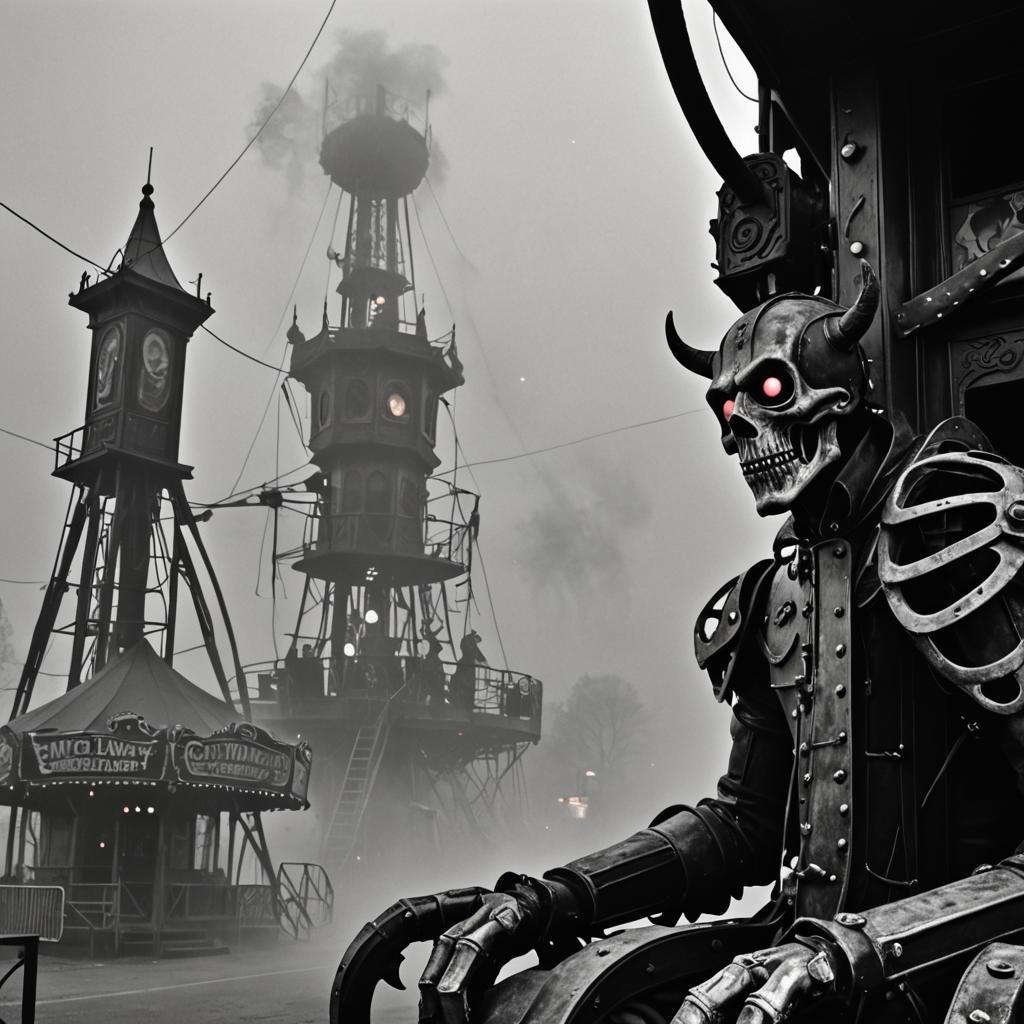black and white photography. rusted carnival ride. fog. smok...