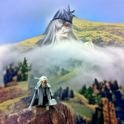 Gandalf stands atop a peak in the misty mountains.