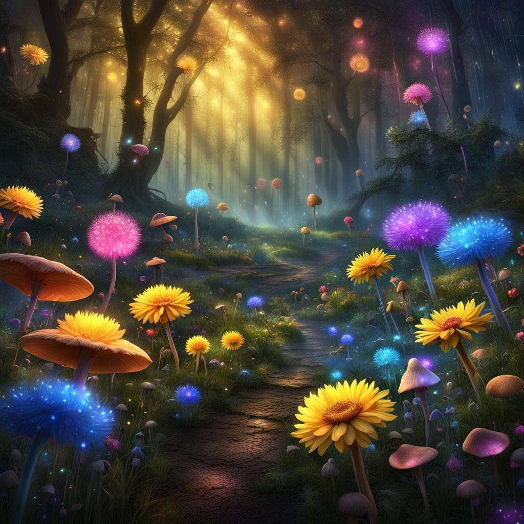 Fantasy dandelions party in a forest with a lot of lights, f...