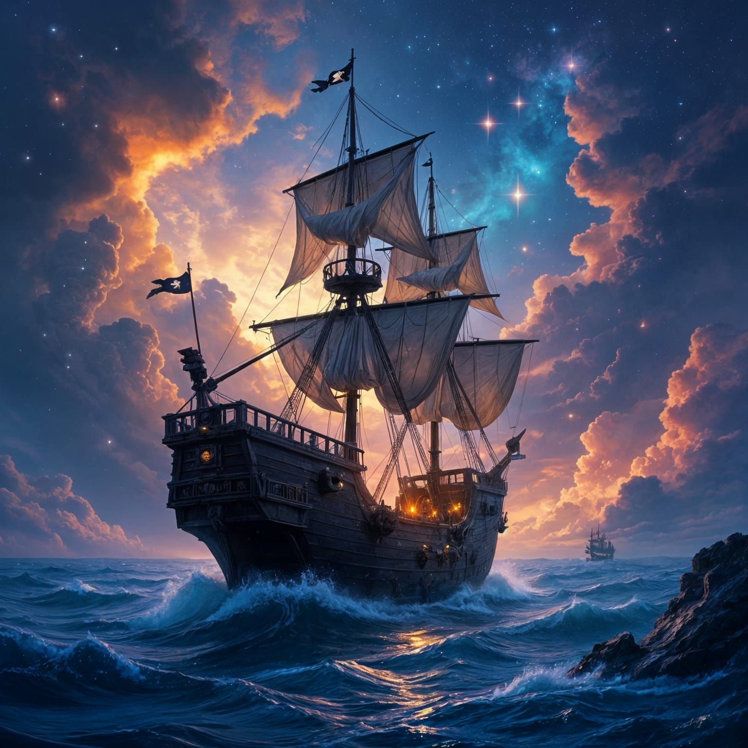 A majestic pirate ship, not sailing on water, but soaring through a nebula filled with bioluminescent flora and fauna. The ship'