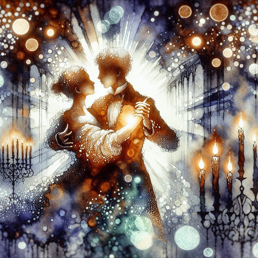 insanely detailed liquid watercolor wet wash alcohol ink illustration on wet white watercolor paper of A young couple sl...