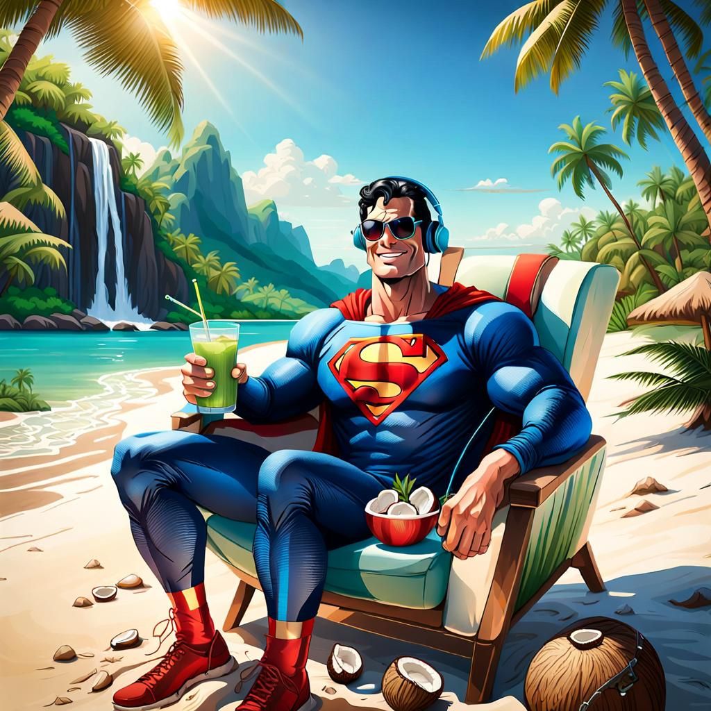 Superman at sea beach sitting in relaxed mood wearing headphone and sunglass smile in face, on well designed ...  by @Mindful THE KB