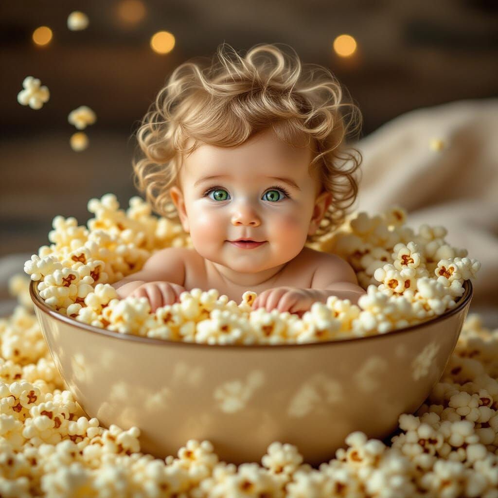 Photorealistic Baby in Giant Popcorn Bowl