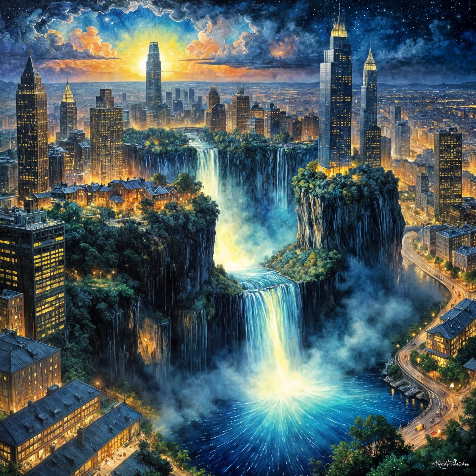 City waterfall at dawn  by @MSz