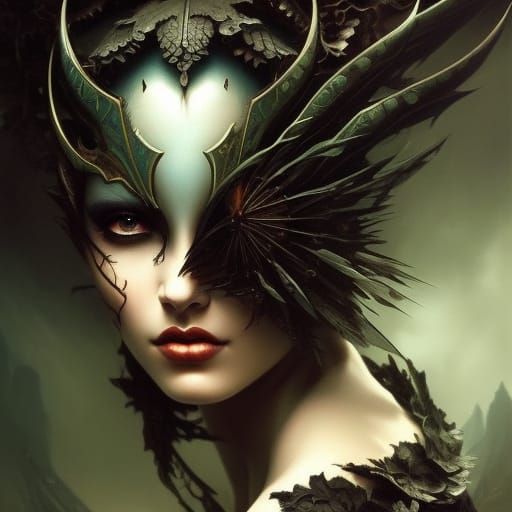 Dark Queen with Green Eyes: Intricate Digital Art