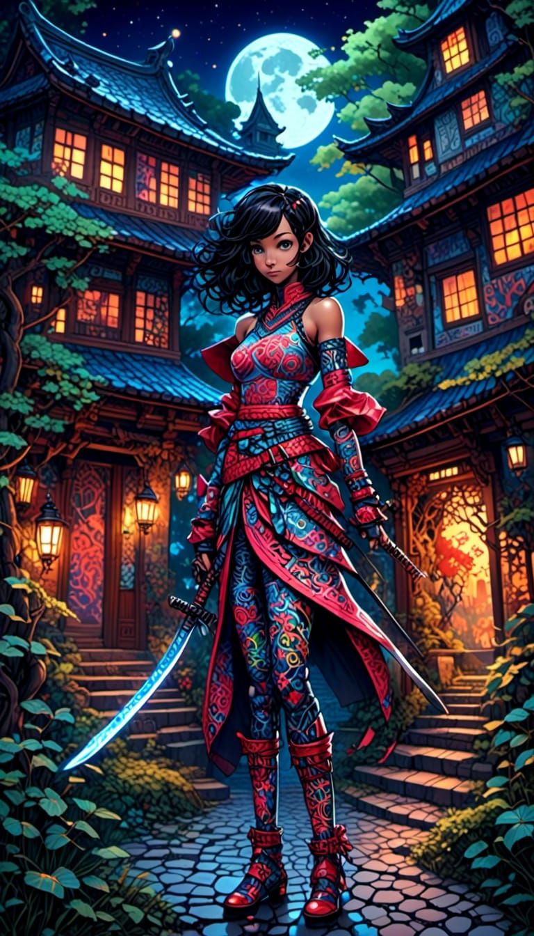 Neon Ninja in Temple Courtyard: Digital Art