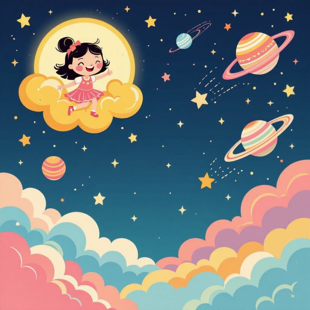 Create a charming and vibrant page with a girl on a golden cloud in the upper left, floating in a dream world.
Leave the center free for tex...