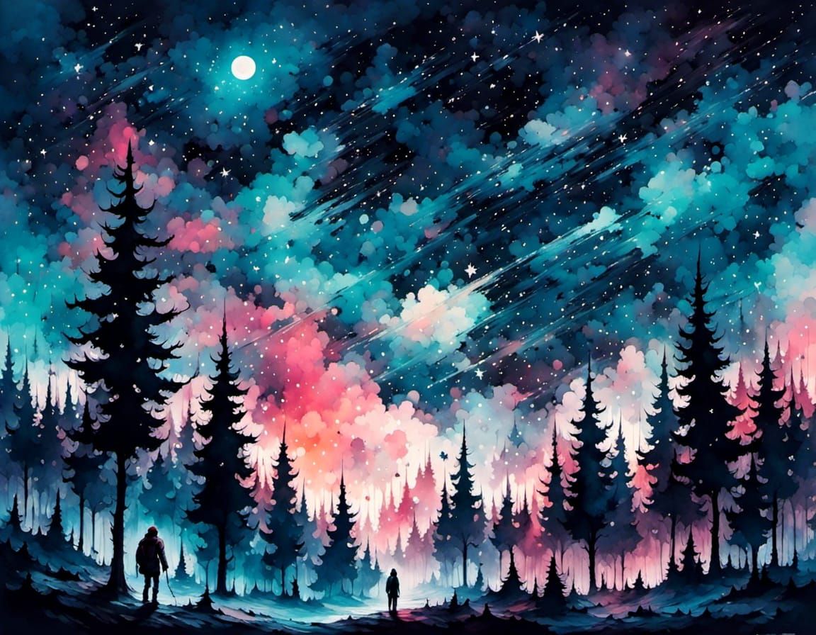 A night sky full of stars, forest, <lora:Conception:1.0>