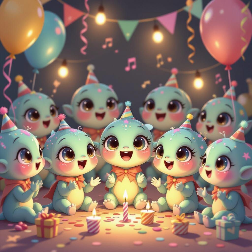 A group of small cute aliens at a birthday party,  singing 
