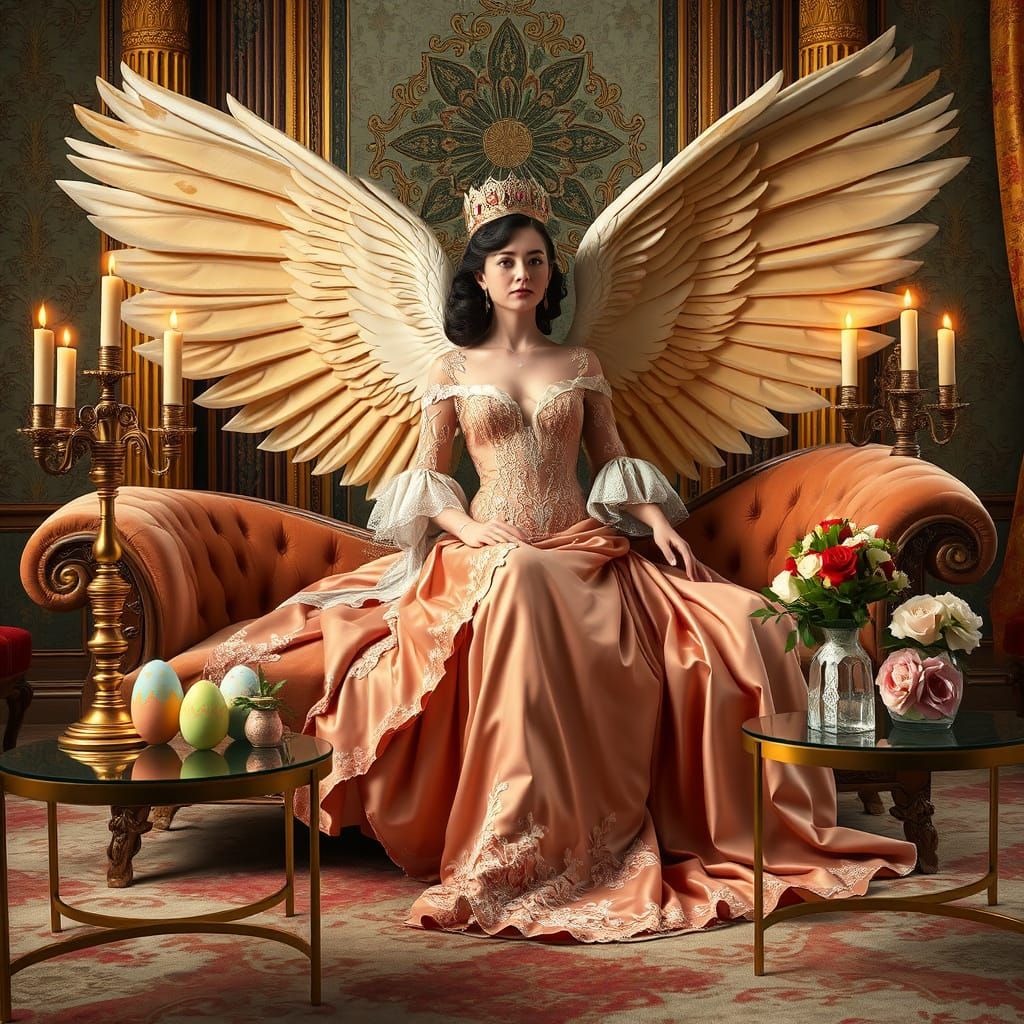 A portrait of the winged queen, carefully crafted in a luxurious interior, filled with sumptuous fabrics, sleek lines, and colorful Easter e...