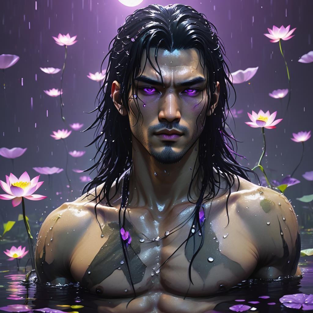 Cyberpunk Swimmer in Lotus Lake at Night