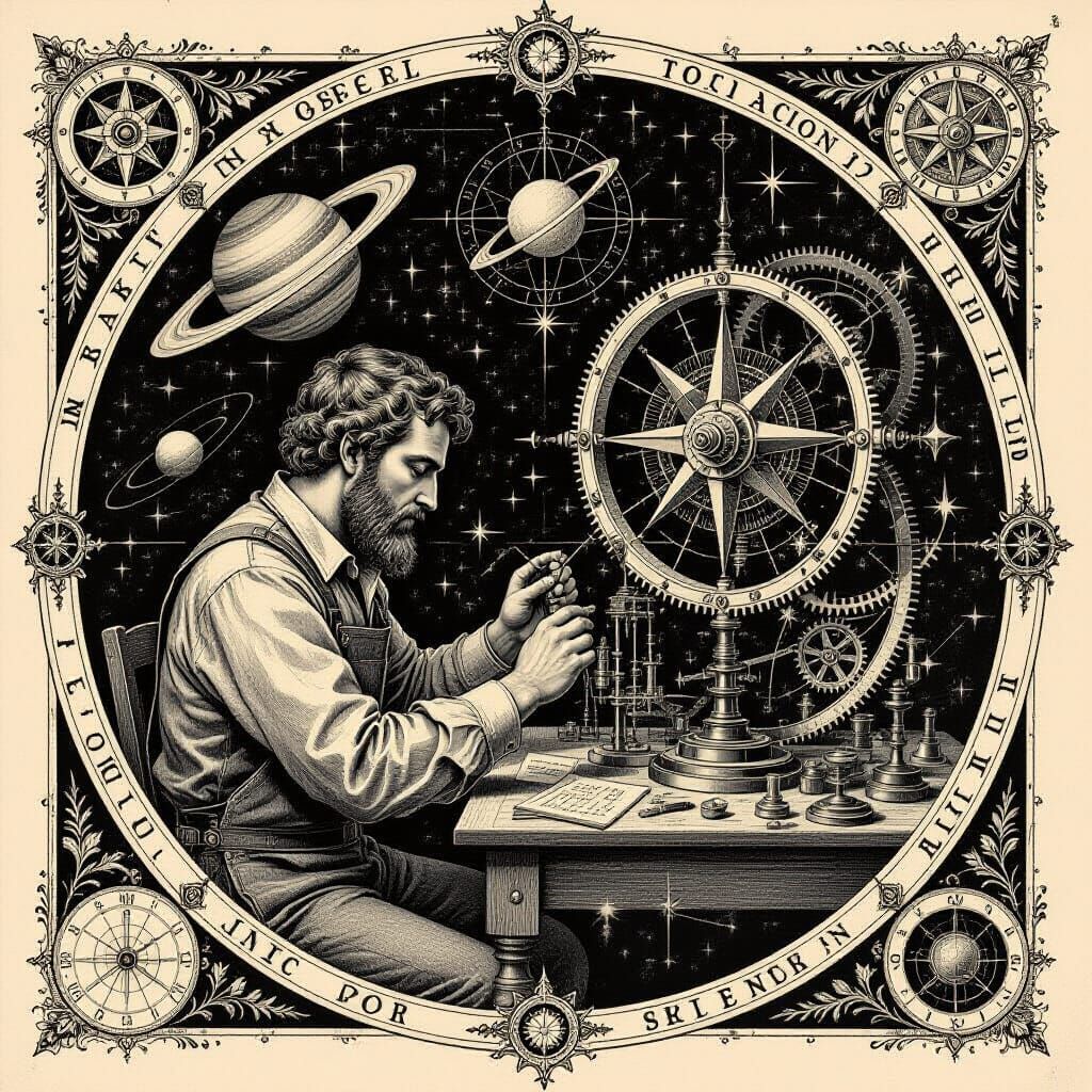 Imagine a hyperdetailed charcoal drawing of a celestial mechanic repairing a broken constellation, surrounded ...  by @Aspen