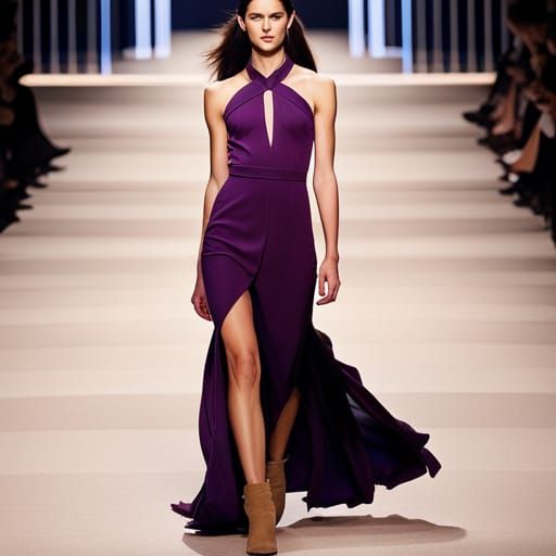 A amaranth purple halter-neck dress, knee-length with thigh-high slit ...