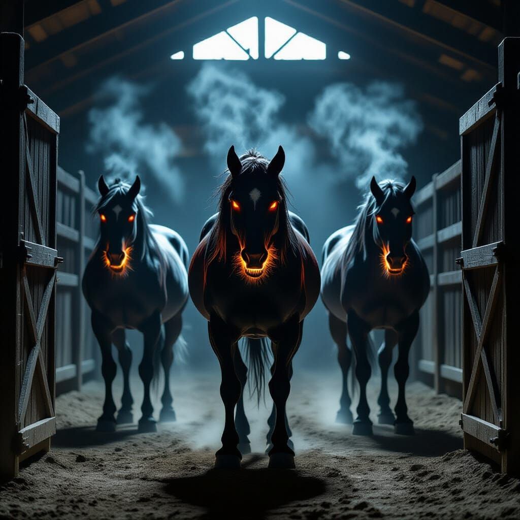 Создай фото конюшни где стоят 3 адские лошади в загоне за дверями
 из ноздрей которых идёт пар
