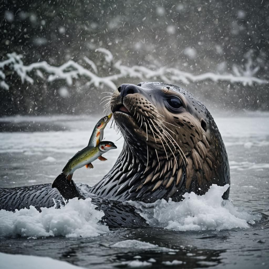 Huge Seal   Eating Biggest Trout fishing in Freezed water he...
