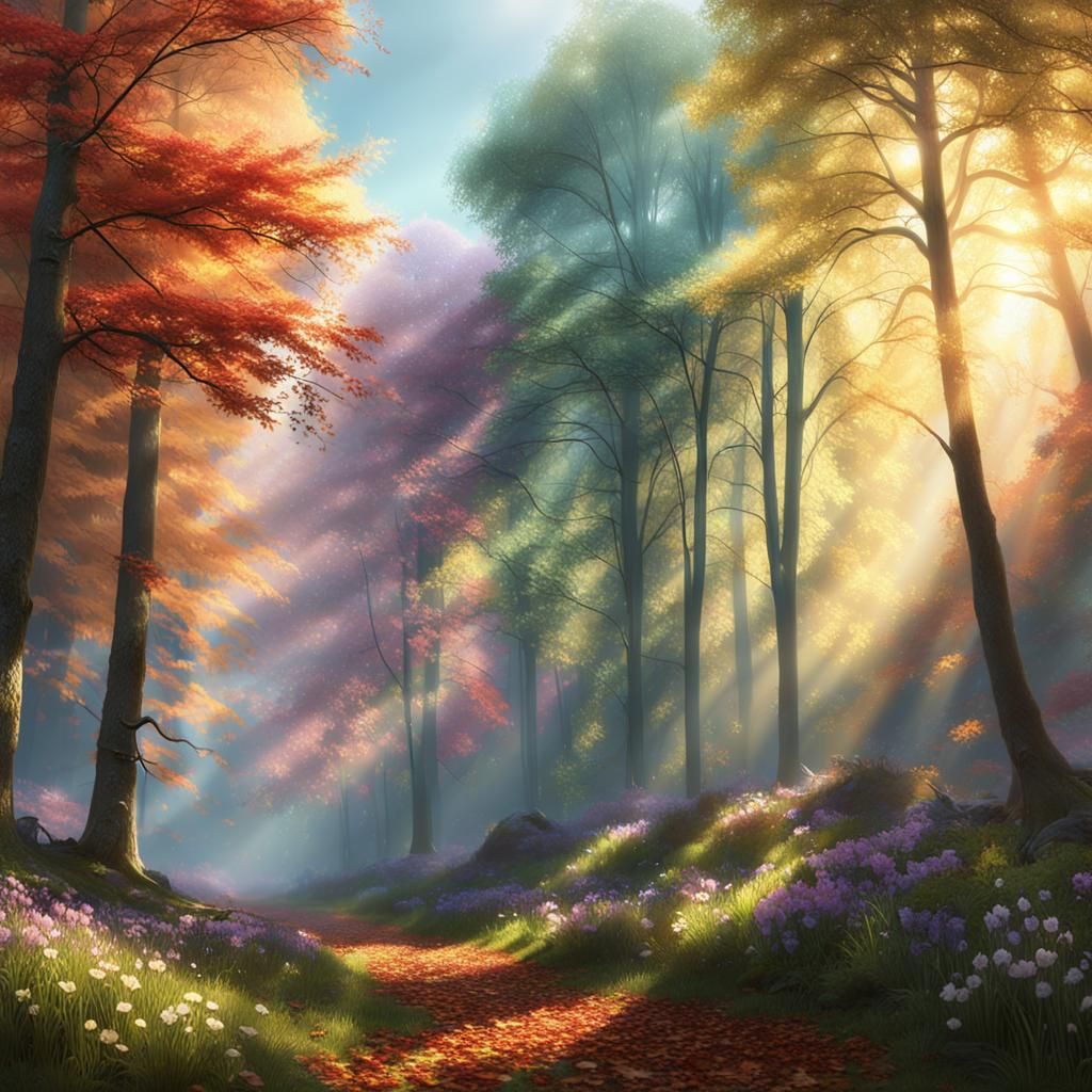 Autumn Meets Spring: Luminous Forest Oil Painting