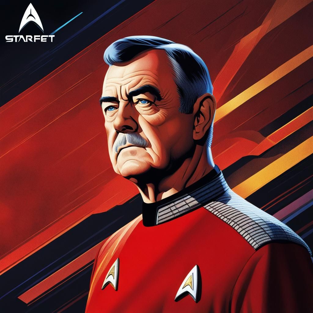 Star Trek, James Doohan as Scotty wearing a Starfleet red sh...