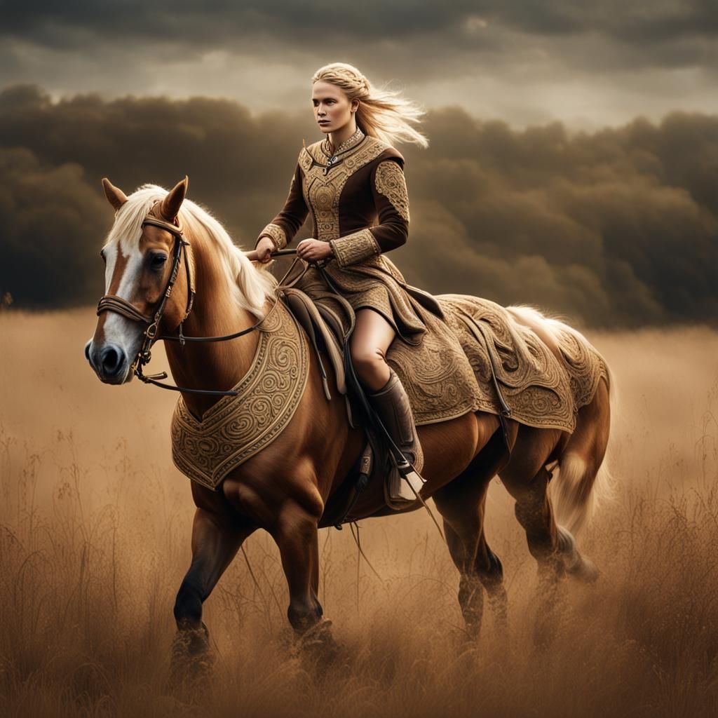 A chieftess with blond hair in a brown dress with gold engra...