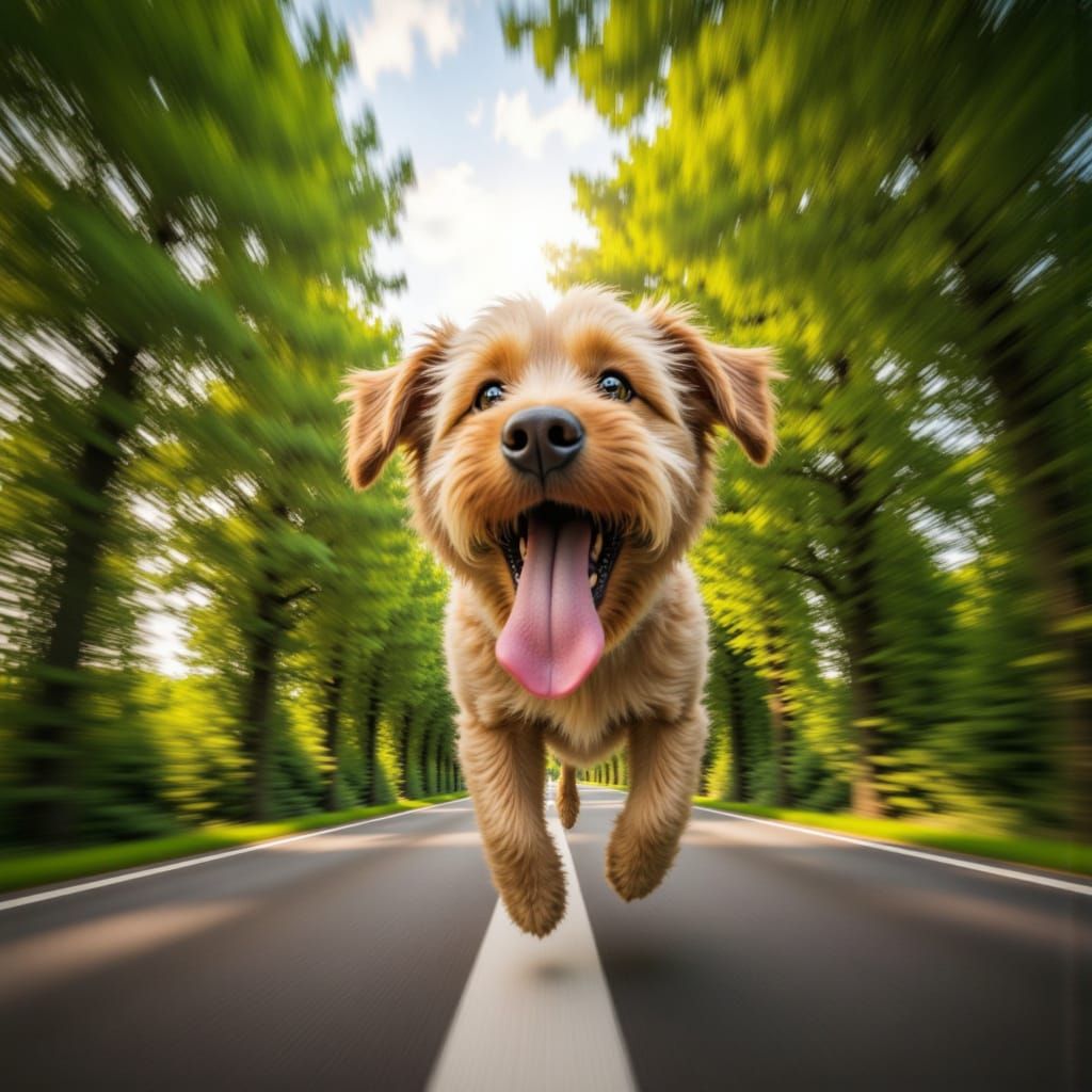 <lora:Motion Blur Speed:1.3>shaggy dog windy car ride motion blur tree lined road