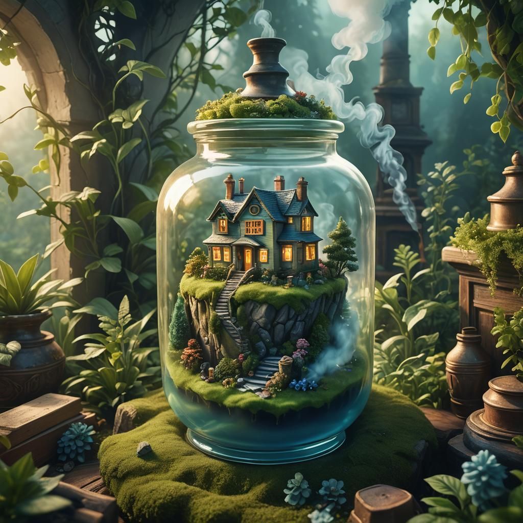 glass jar with miniture house inside